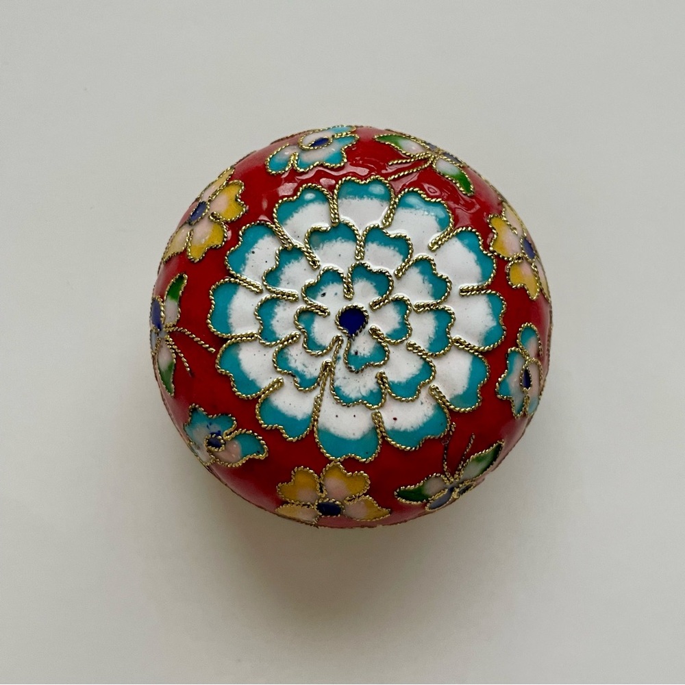 Vintage Red Cloisonne Enamel Round Trinket Box